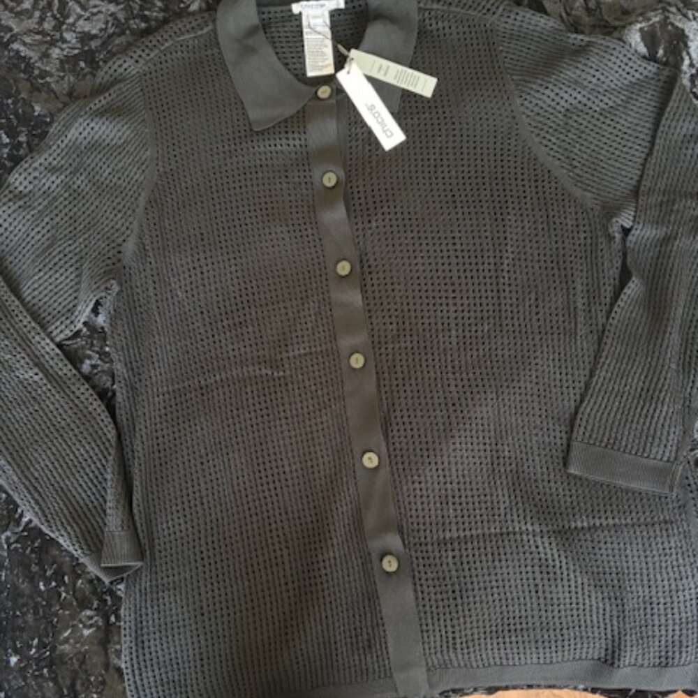 NWT Chico's Pointelle Collared Cardigan in Black - Picture 3 of 11
